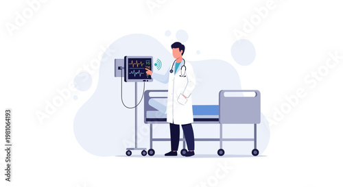 Doctor examining patient monitor in hospital room with bed