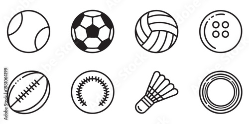 Multi Sport Ball and Equipment Line Icons Set for Athletic Design