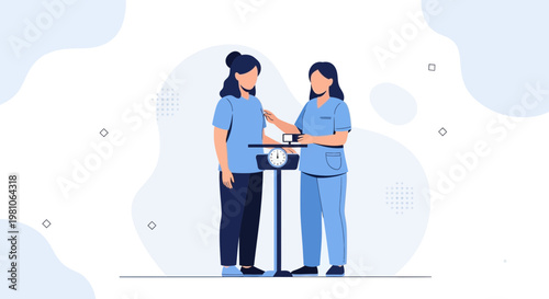 Doctor weighing patient on scale, healthcare and medical checkup concept