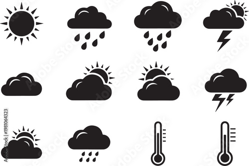 Black and white weather with clouds sun rain lightning