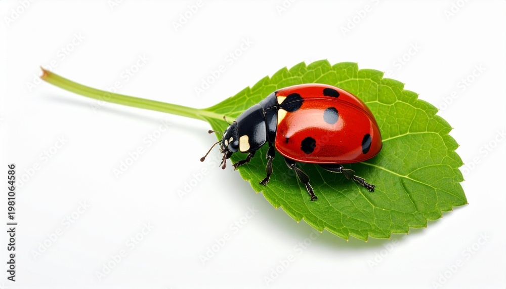 Fototapeta premium Ladybug resting on a vibrant green leaf against white background.