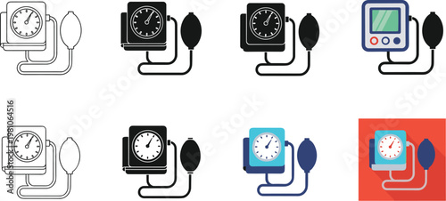Blood Pressure Monitor Icon Set Featuring Classic and Digital Styles for Healthcare, Medical, and Wellness Designs