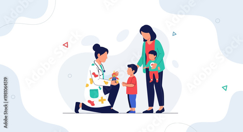 Doctor with stethoscope examining child patient, mother holding baby, healthcare concept
