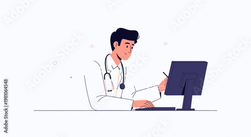 Doctor working on computer, medical illustration, healthcare technology concept