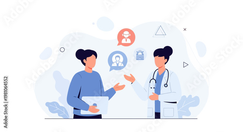 Doctor consulting patient with laptop, discussing health information and icons