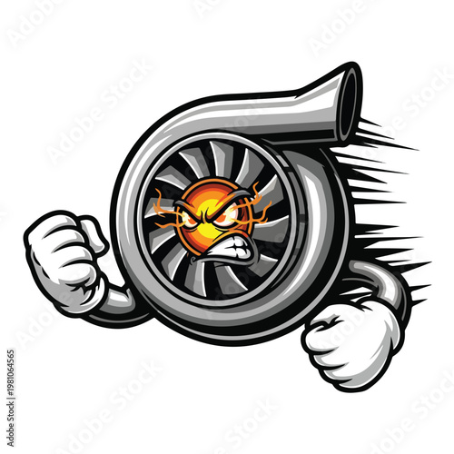 A stylized turbocharger with a fierce, angry face and fists raised, depicted in a dynamic, cartoonish style with motion lines against a white background