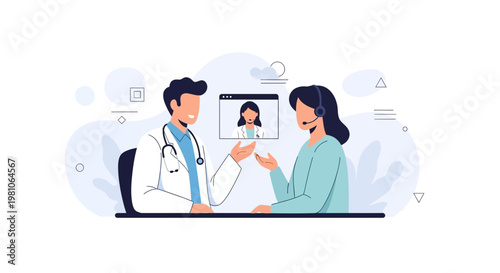 Doctor consulting patient online via video call, telemedicine concept