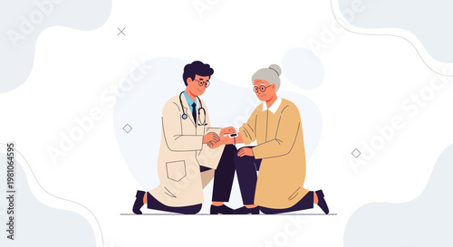 Doctor examining elderly woman's arm, healthcare concept illustration