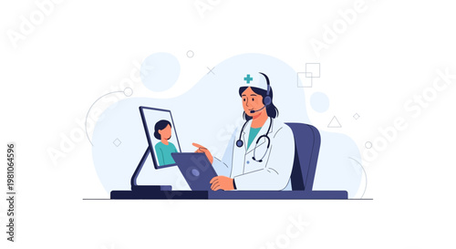 Doctor consulting patient online via video call, telemedicine concept