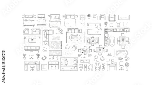 CAD Interior Space Design Icons in Line Drawing