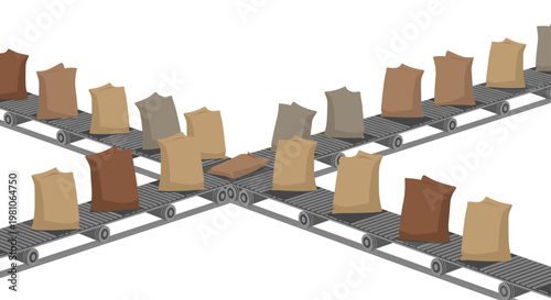 Multiple industrial conveyor belts carrying various shades of brown burlap sacks intersect in a complex logistical pattern within a clean distribution center.
