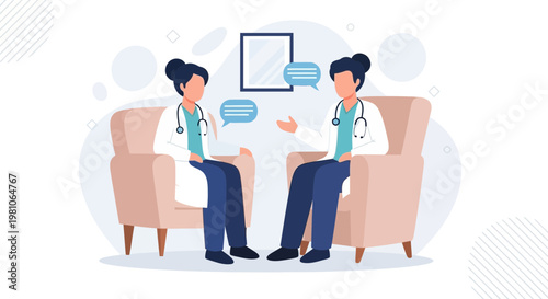 Two doctors in white coats discussing in armchairs, medical consultation, healthcare concept