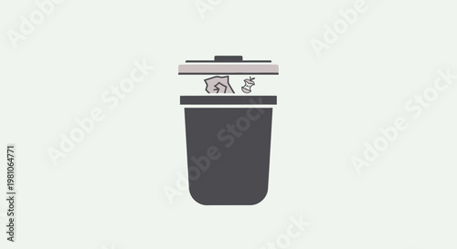Cartoon trash can with open lid and garbage against neutral background