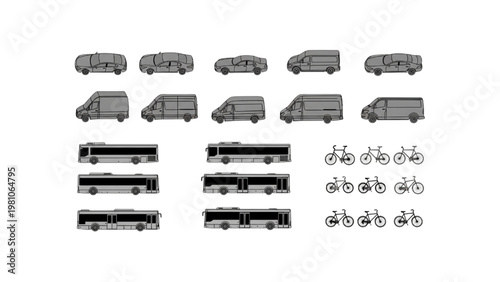 CAD collection of toy cars buses bicycles arranged in neat rows for play