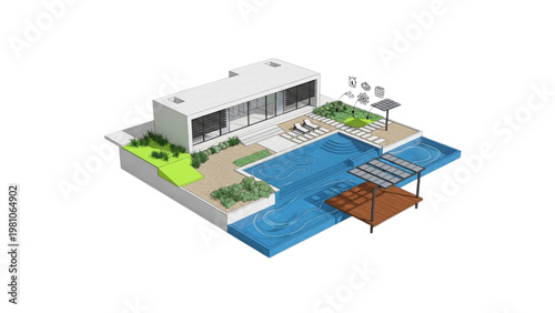 Modern luxury house and swimming pool with outdoor patio and landscaped garden design on white background