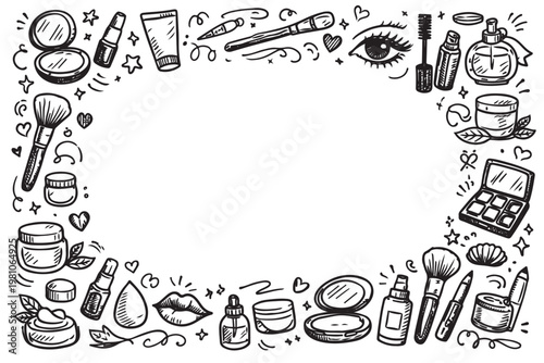 Template with beauty cosmetics elements, mascara, cream bottles, and skin brushes. Doodle sketch style. Illustration for makeup, beauty salon, cosmetics store banners, frames, and poster designs.