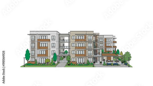 Modern Apartment Building Architectural Rendering With Green Spaces