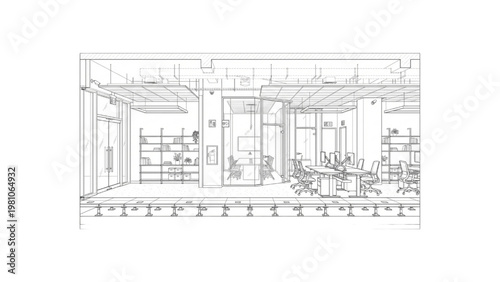 Architectural Cross-Section of a Modern Office Space with Desks and Shelving