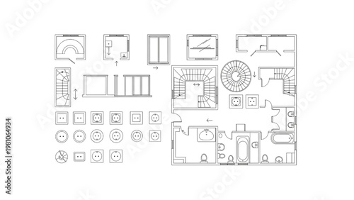 Architectural Blueprint of a Building Layout with Interior Details and Symbols