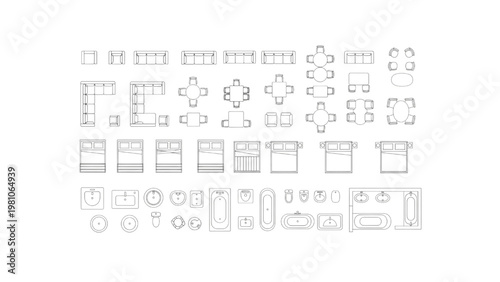 Collection of top-down furniture and fixture icons for architectural floor plans and interior design