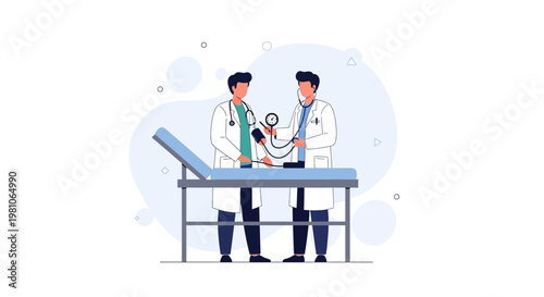 Doctors measuring blood pressure on examination table, medical check-up illustration