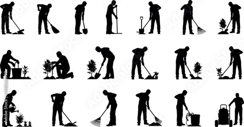 Collection of black silhouette vector illustrations showing a male gardener performing landscaping and yard work tasks using various gardening tools.
