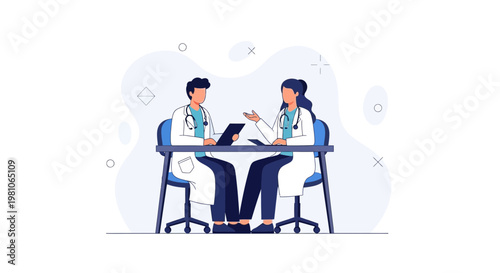 Two doctors in white coats discussing medical case at desk with tablet