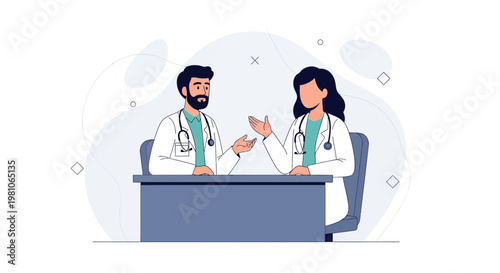 Two doctors in white coats discussing medical cases at a desk, illustration