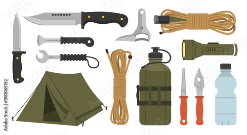 Military Survival Kit and Outdoor Camping Equipment Vector Icon Set.