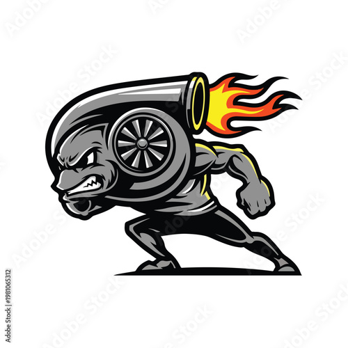 A muscular turbo mascot with a fierce expression and flames erupting from its exhaust charges forward with determined energy against a clean white background