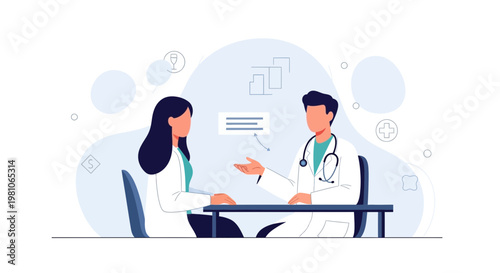 Doctor consulting patient, medical consultation, healthcare, doctor's office, illustration