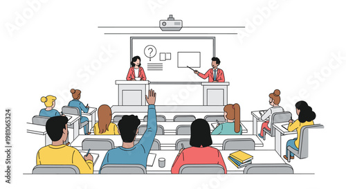 A diverse group of attentive students participates in a dynamic university lecture where two professional presenters explain complex concepts on a whiteboard.