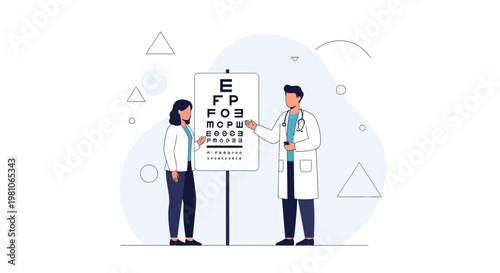Optometrist examining patient with eye chart, vision test, medical checkup
