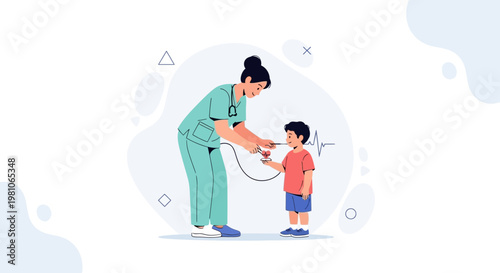 Nurse examining child with stethoscope, heart rate monitor graphic, medical care concept