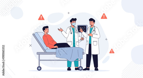 Doctors Discussing Patient's Condition with Medical Scan and Warning Signs