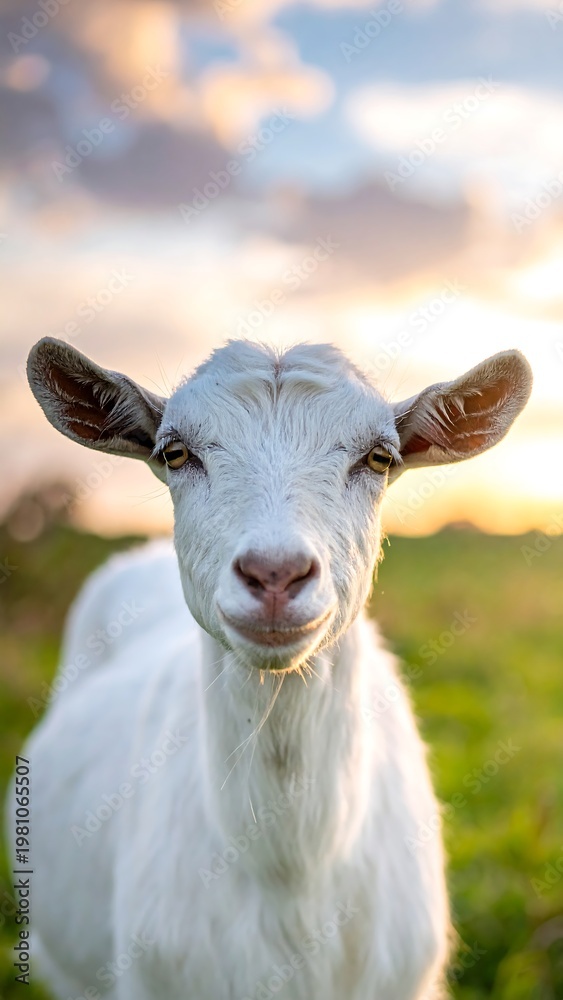 Fototapeta premium White goat stands in green field at sunset, facing the viewer with gentle expression