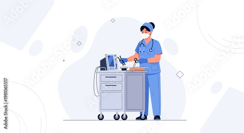 Nurse in Blue Scrubs and Mask with Medical Equipment and Monitor