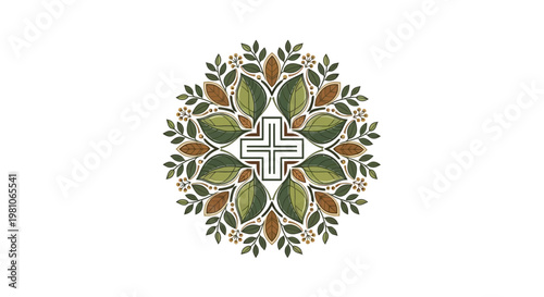 Elegant botanical design with cross symbol for wellness and healthcare
