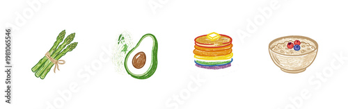 Breakfast and Brunch Food Ingredients and Prepared Dishes in Colorful Crayony Brushstroke Style with Organic Textures