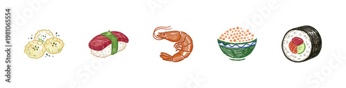 Japanese Cuisine and Seafood Gastronomy with Colorful Crayony Pencil Texture and Organic Calligraphic Textures