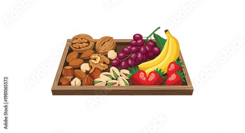 A rustic rectangular wooden tray displays a healthy assortment of fresh grapes, yellow bananas, red strawberries, and various crunchy nuts for a gourmet snack.