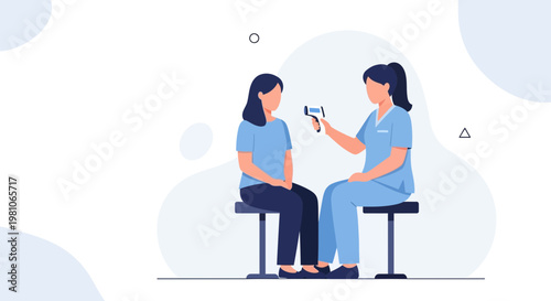 Nurse taking patient's temperature with infrared thermometer, medical checkup, healthcare concept