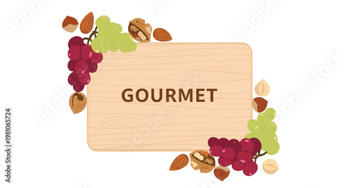 A polished rectangular wooden plaque featuring the word gourmet is beautifully framed by clusters of red grapes, green grapes, and various whole nuts.