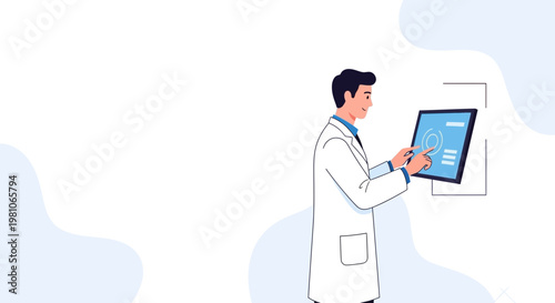 Doctor in lab coat interacting with futuristic medical touchscreen interface