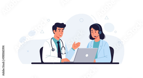 Doctor and Nurse Discussing Medical Case Online via Laptop and Headset