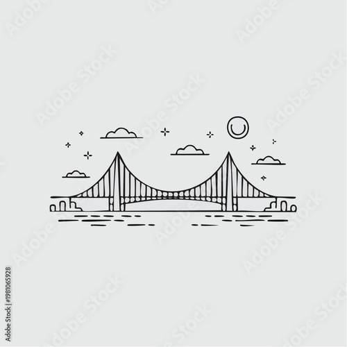 black and white illustration of suspension bridge under moonlit sky