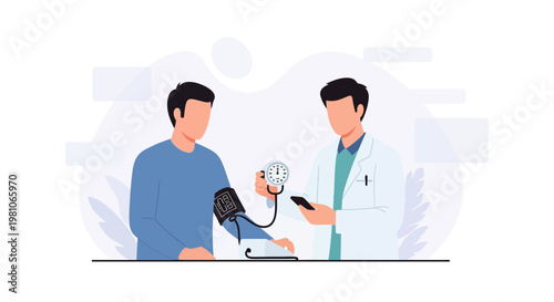 Doctor measuring patient's blood pressure, medical checkup illustration