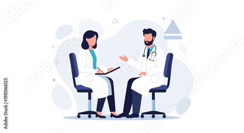 Two doctors in white coats discussing medical case in a modern clinic