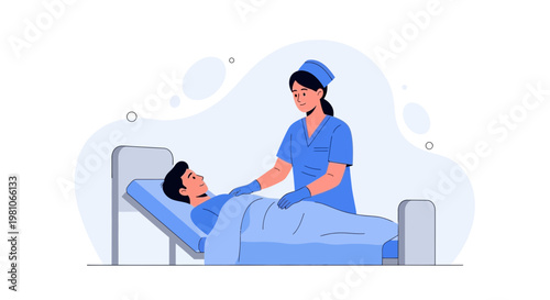 Nurse caring for patient in hospital bed, healthcare concept illustration