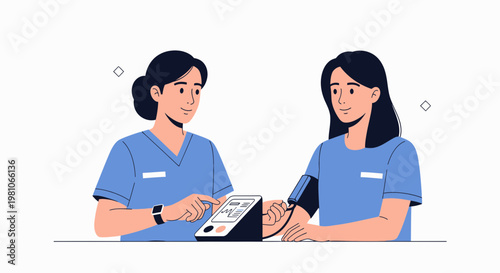 Nurse checks patient's blood pressure with digital monitor, healthcare concept